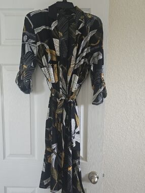 Thalia Sodi Black Midi Dress with Gold & White Leaf Print